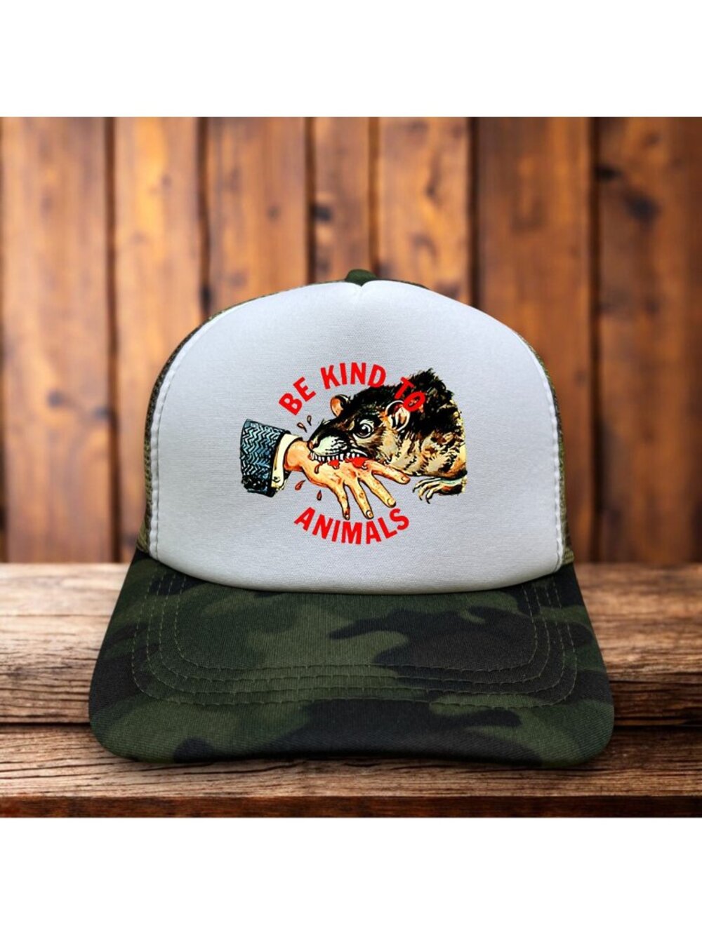 Be Kind To Animals Mens Trucker Hat Camo Humane Society Parody PETA Cap